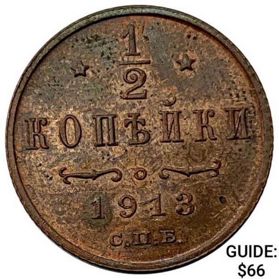 1913 Russia Copper 1/2 Kopeck GEM BU