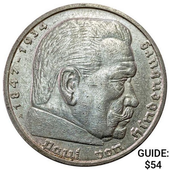 1938-A Germany Silver 5 Reichsmark CLOSELY UNCIRCULATED