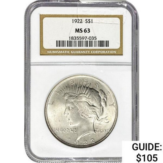 1922 $1 Silver Peace Dollar NGC MS63