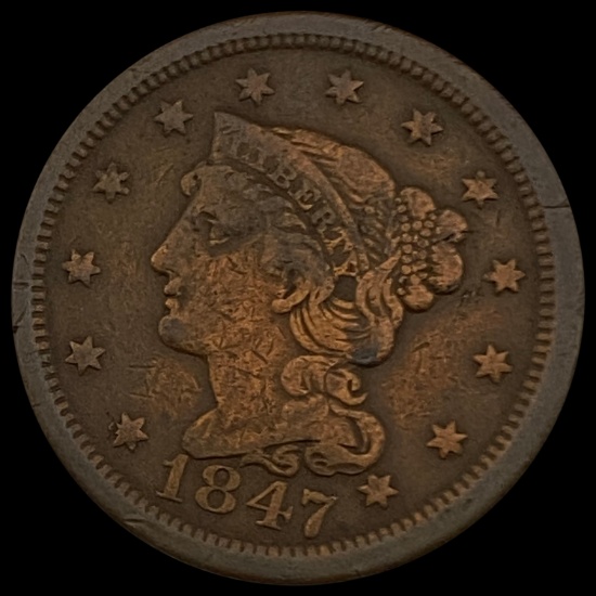 1847 Braided Hair Large Cent LIGHTLY CIRCULATED