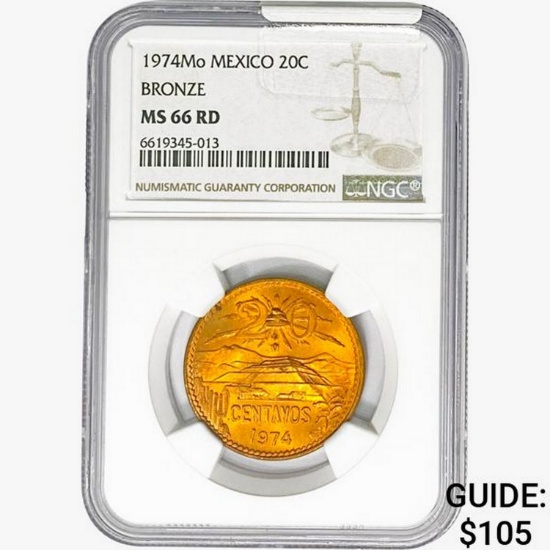 1974Mo Mexico 20C Bronze NGC MS66 RD