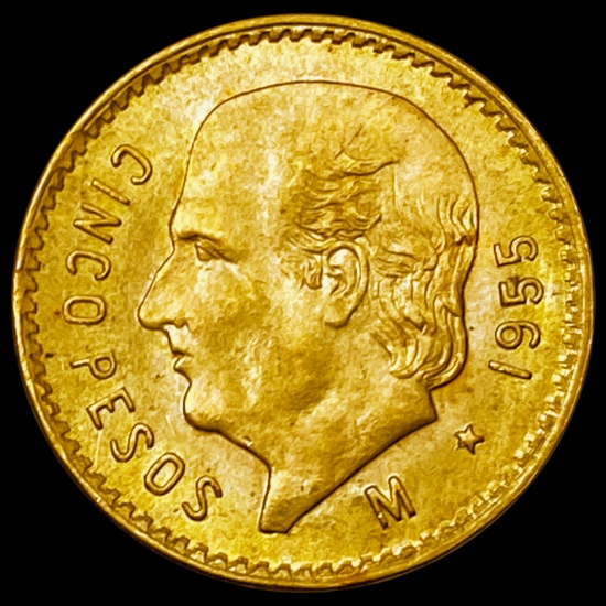 1955 Mexico 5 Peso Gold Coin .1206oz AGW UNCIRCULATED