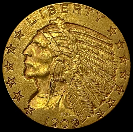 1909 GOLD Indian Head Half Eagle $5 ABOUT UNCIRCULATED