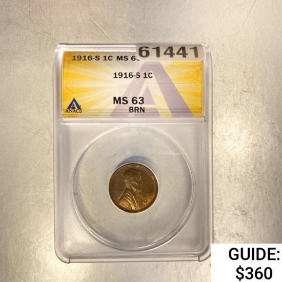 1916-S 1C ANACS MS 63 BRN