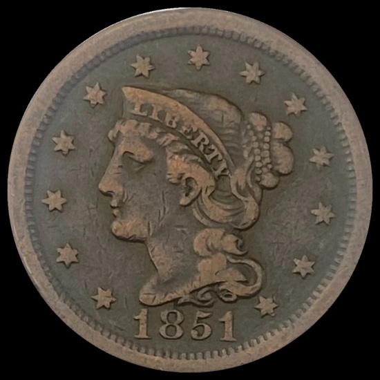 1851 Braided Hair Large Cent LIGHTLY CIRCULATED