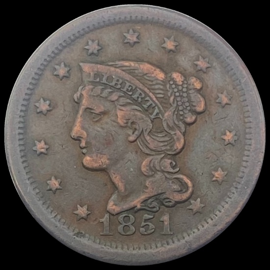 1851 Braided Hair Large Cent LIGHTLY CIRCULATED