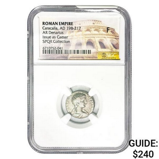 Roman Caracalla, AD 198-217 Silver Denarius NGC F