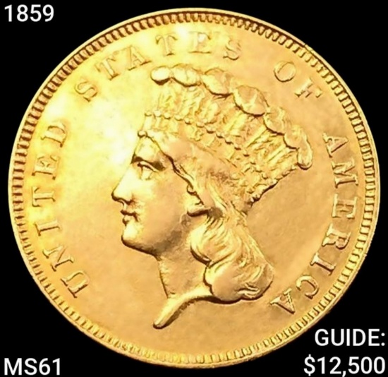1859 $3 Gold Piece UNCIRCULATED