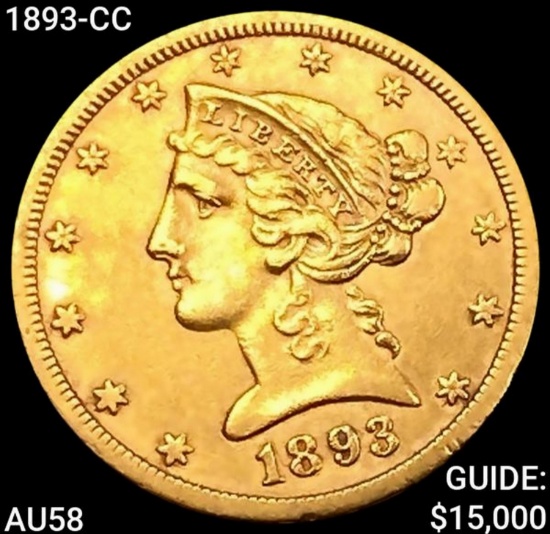 1893-CC $5 Gold Half Eagle CHOICE AU
