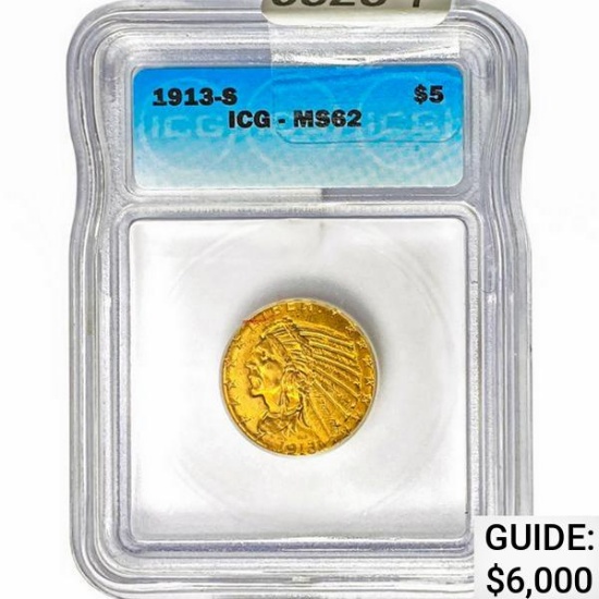 1913-S $5 Gold Half Eagle ICG MS62