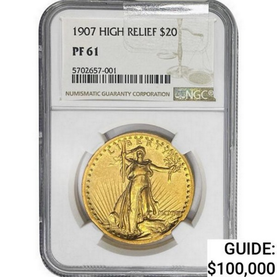 1907 $20 Gold Double Eagle NGC PF61 High Relief