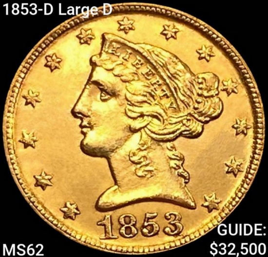 1853-D Large D $5 Gold Half Eagle UNCIRCULATED