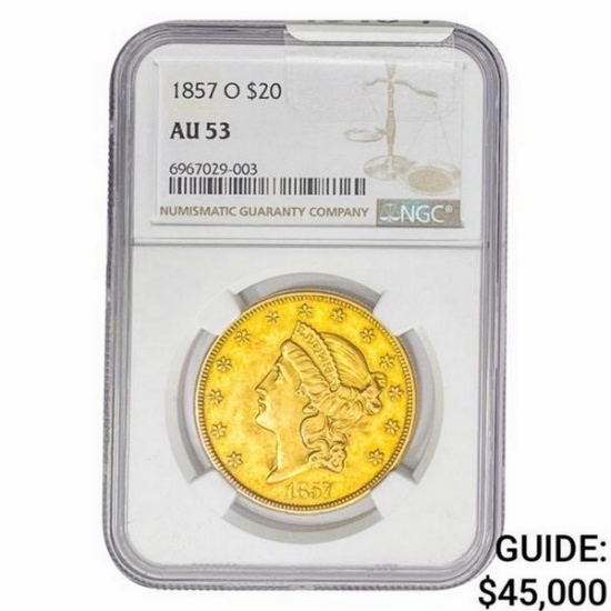 1857-O $20 Gold Double Eagle NGC AU53