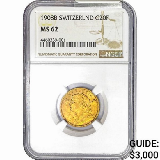 1908 B Switzerland .186oz Gold 20 Francs NGC MS62
