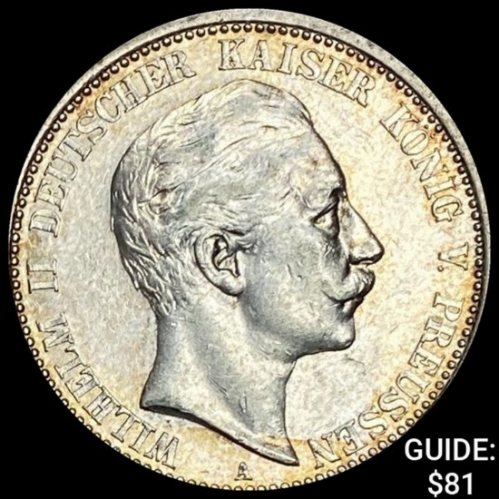 1907-A Germany Silver 2 Reichsmark CLOSELY UNCIRCULATED