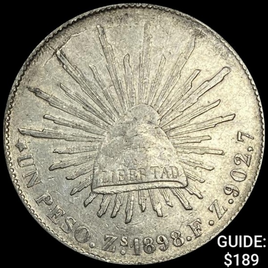 1898Zs FZ Mexico Silver Peso CHOICE AU