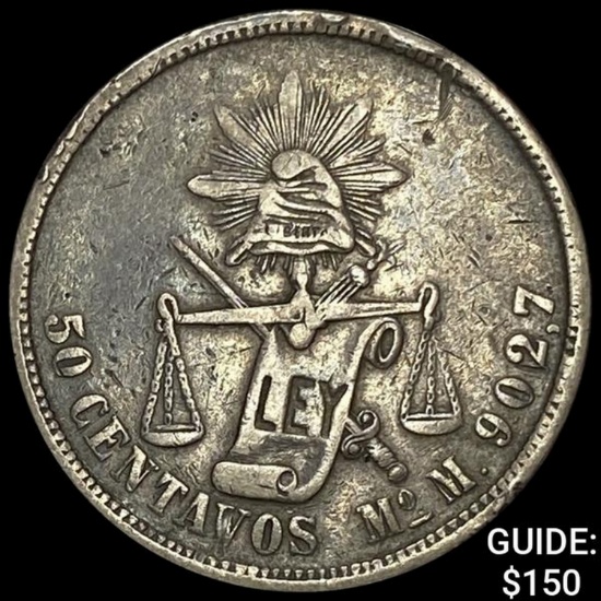 1872Mo M Mexico Silver Balanza 50 Centavos NEARLY UNCIRCULATED