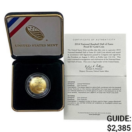 2014-W National Baseball H.O.F. Proof $5 Gold Coin
