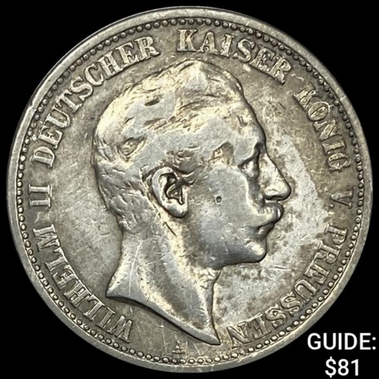 1905-A Prussia Silver 2 Reichsmark NEARLY UNCIRCULATED