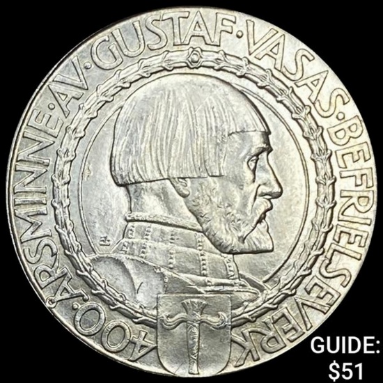 1921 Sweden Silver 2 Kroner-Gustaf Vasa UNCIRCULATED