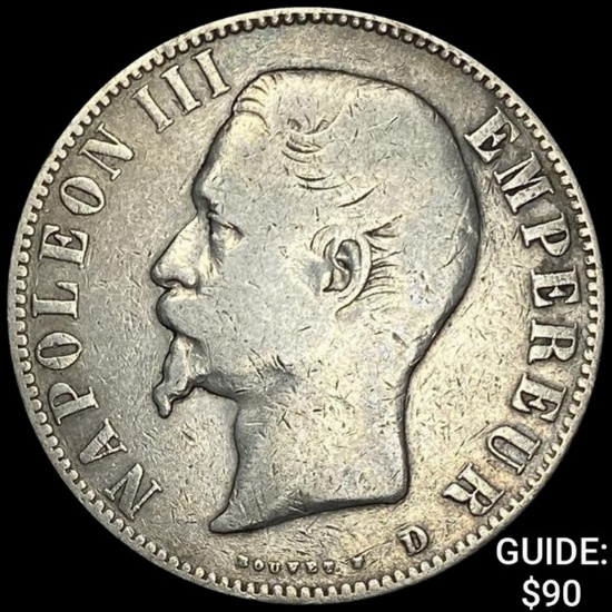 1855-D France Silver 5 Francs ABOUT UNCIRCULATED