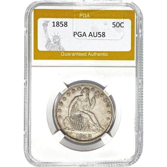 1858 Seated Liberty 50C PGA AU58