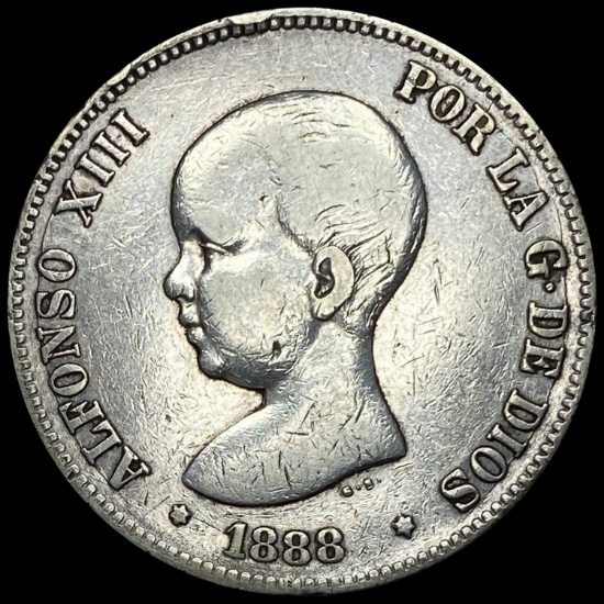 1888 5 Pesetas Spain Alfonso XIII LIGHTLY CIRCULATED