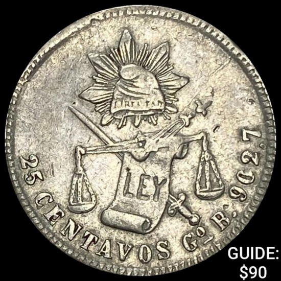 1884Go B Mexico Silver 25 Centavos NEARLY UNCIRCULATED