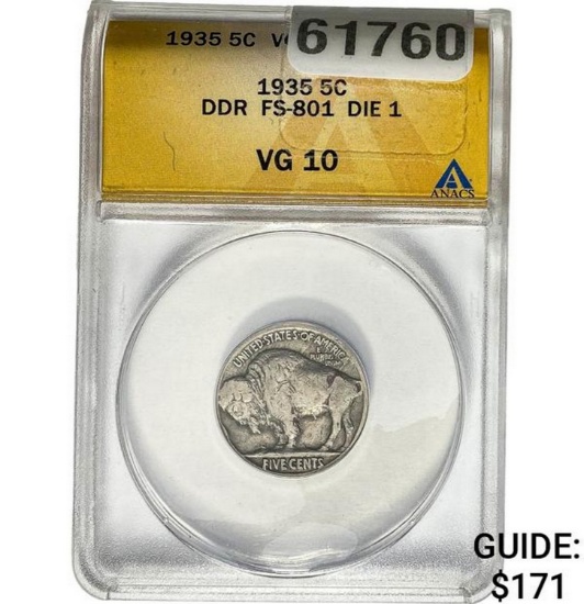 1924 Buffalo Nickel DDR DIE 1 ANACS G4