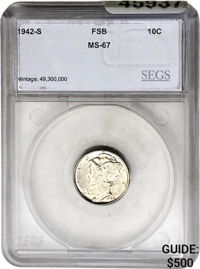 1942-S Mercury Dime SEGS MS-67 FSB SILVER