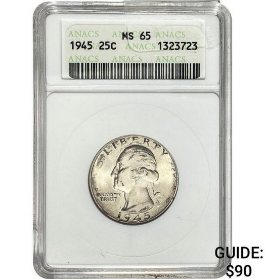 1945 25C Washington Quarter ANACS MS65