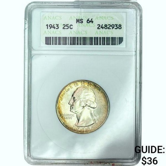 1943 25C Washington ANACS MS64 SILVER