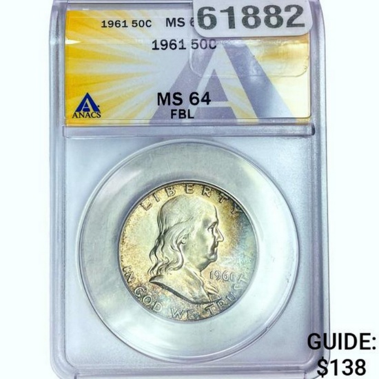 1961 Franklin Half Dollar ANACS MS64 FBL SILVER