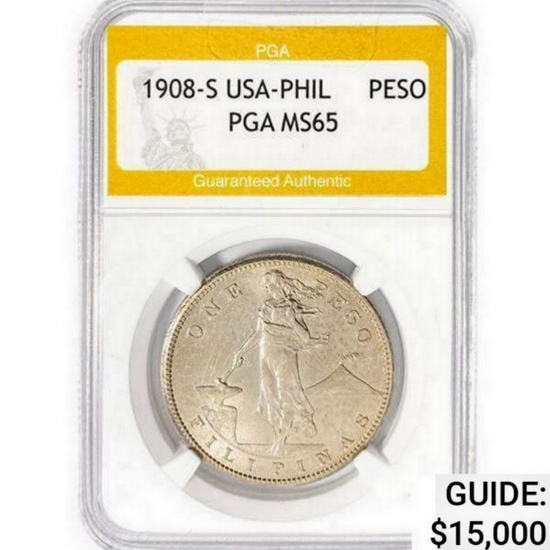 1908-S USA-Phil One Peso PGA MS65