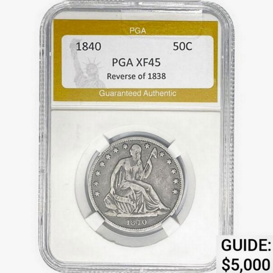 1840 REV 38 Seated Liberty Half Dollar PGA XF45