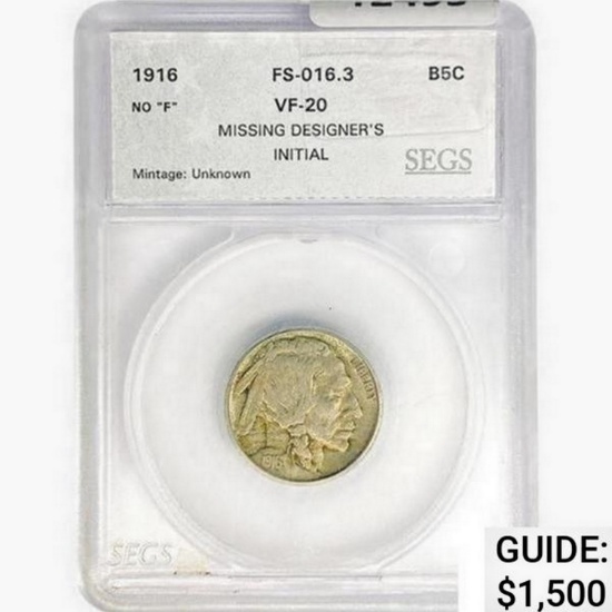 1916 Buffalo Nickel SEGS VF20 FS-016.3 No "F"