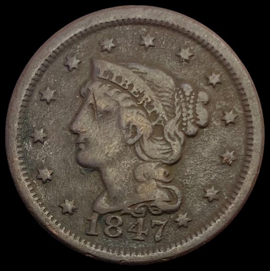 1847 Braided Hair Large Cent LIGHTLY CIRCULATED