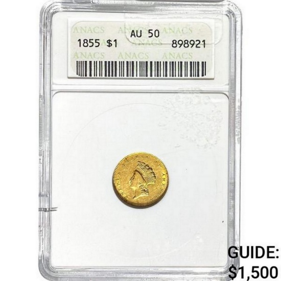 1855 Rare Gold Dollar ANACS AU50