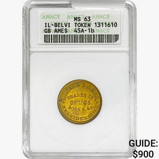 1863 IL-Belvi Token GB Ames ANACS MS63