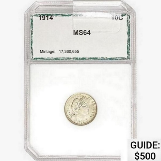 1914 Barber Dime PCI MS64