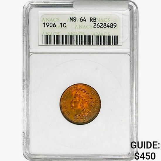 1906 Indian Head Cent ANACS MS64 RB