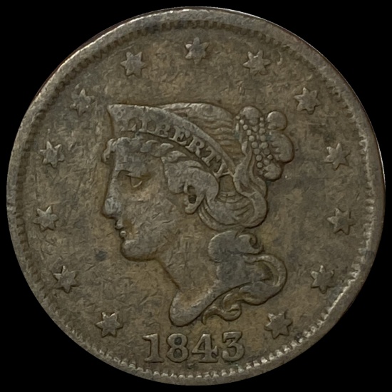 1843 Braided Hair Large Cent LIGHTLY CIRCULATED
