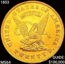 1853 900 Thous $20 Gold Assay CHOICE BU