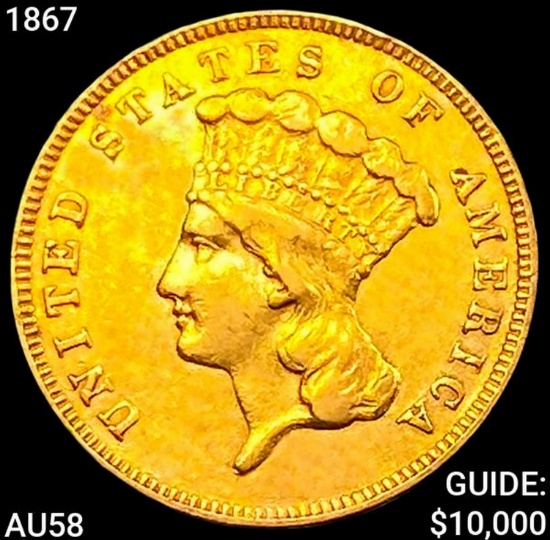 1867 $3 Gold Piece CHOICE AU