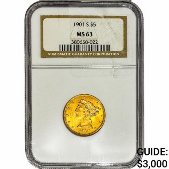 1901 $5 Gold Half Eagle NGC MS63