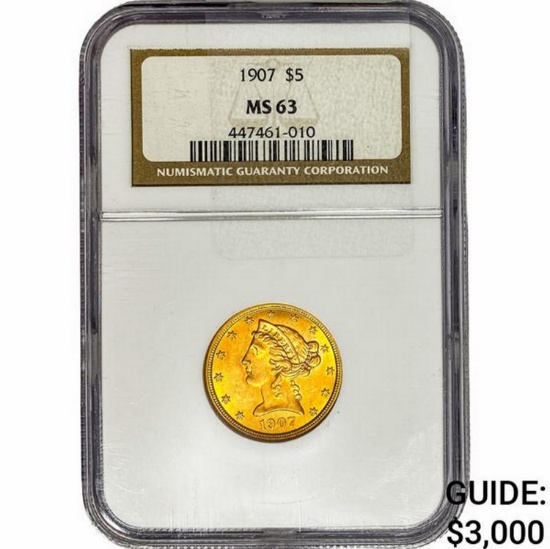 1907 $5 Gold Half Eagle NGC MS63