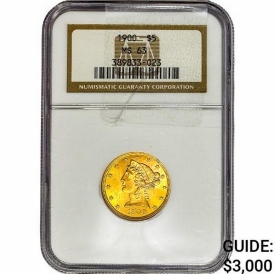 1900 $5 Gold Half Eagle NGC MS63
