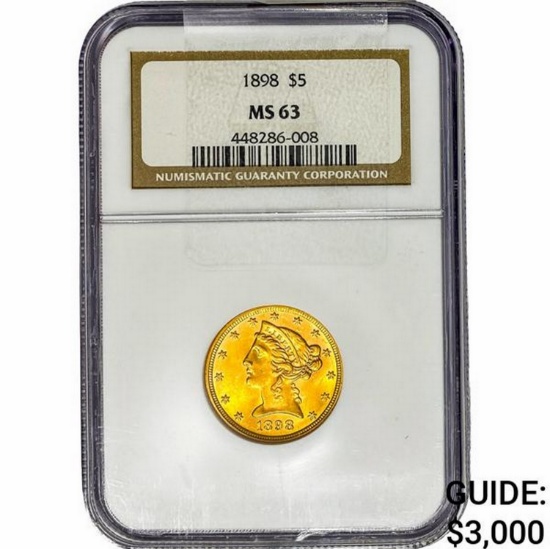1898 $5 Gold Half Eagle NGC MS63