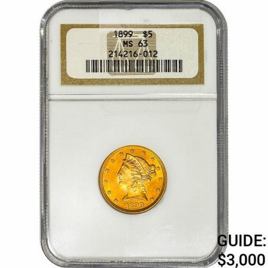 1899 $5 Gold Half Eagle NGC MS63