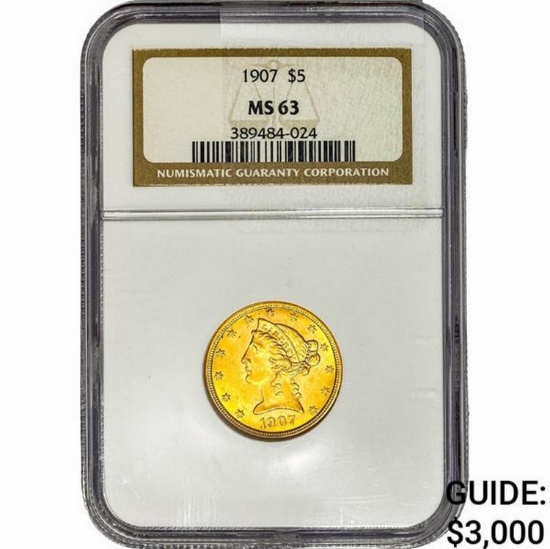 1907 $5 Gold Half Eagle NGC MS63